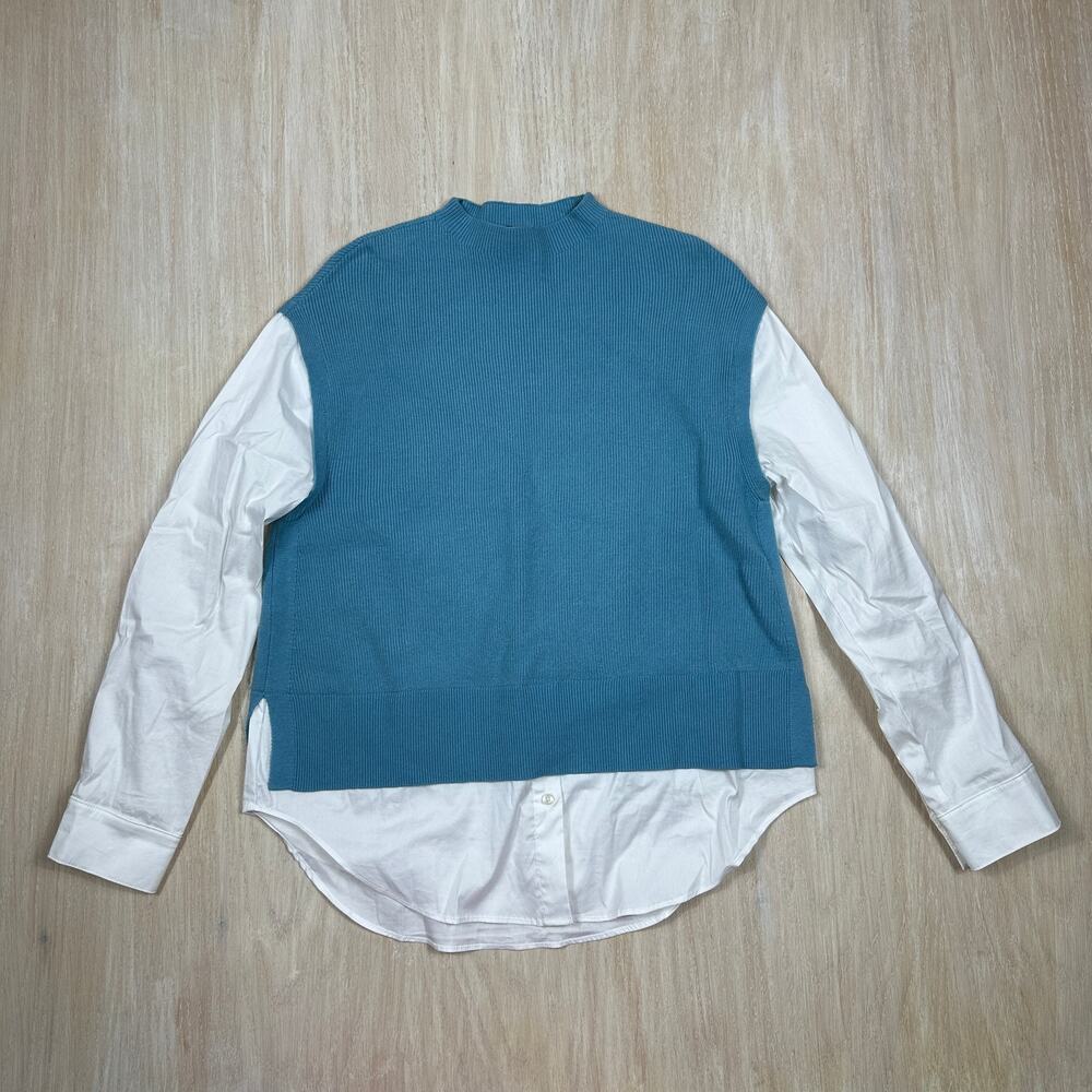 Ann Taylor Teal Ribbed Sweater Layered White Button Shirt Crewneck Office Chic M